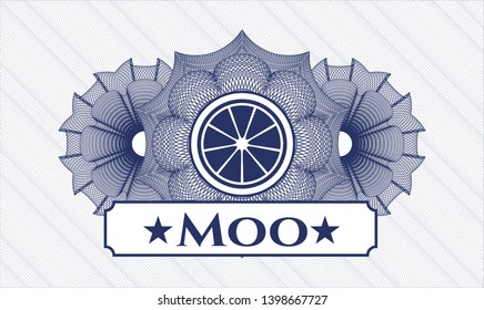 Blue linear rosette with orange icon and Moo text inside