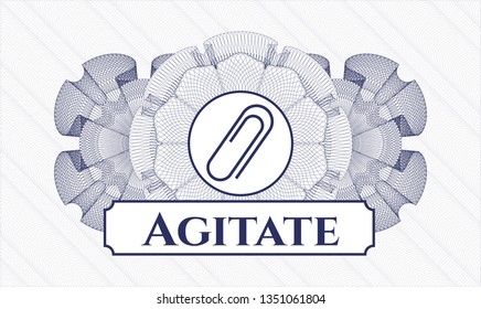 Blue linear rosette with paper clip icon and Agitate text inside