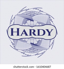Blue linear rosette with text Hardy inside