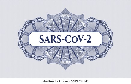 Blue linear rosette with text SARS-CoV-2 inside