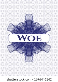 Blue linear rosette with text Woe inside
