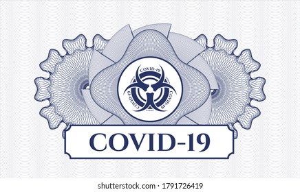 Blue linear rosette. Vector Illustration. Detailed with biohazard covid-19 icon and COVID-19 text inside