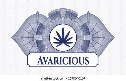 Blue linear rosette with weed leaf icon and Avaricious text inside