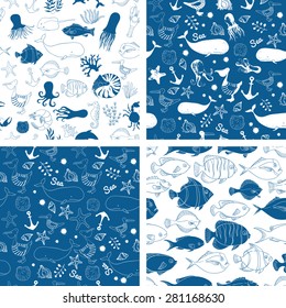 Blue linear seamless vector pattern. Nautical background with fish, whale, octopus and jellyfish. Linear illustration.