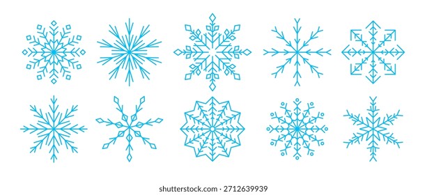 Blue linear snowflakes collection. Simple snow flake icon set for Christmas and Happy New Year decor, winter holiday decoration, greeting card design elements. Vector illustration bundle