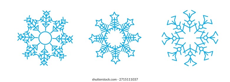 Blue linear snowflakes collection. Simple snow flake icon set for Christmas and Happy New Year decor, winter holiday decoration, greeting card design elements. Vector illustration bundle