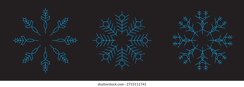Blue linear snowflakes collection. Simple snow flake icon set for Christmas and Happy New Year decor, winter holiday decoration, greeting card design elements. Vector illustration bundle