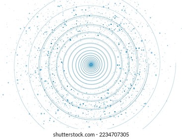 Espiral lineal azul y fondo abstracto de puntos brillantes. Diseño vectorial de concepto geométrico