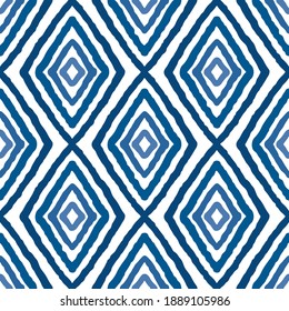 Blue linear thin rhombuses isolated on white background. Cute geometric seamless pattern. Vector flat graphic hand drawn illustration. Texture.