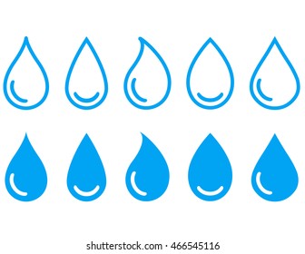 Blue linear water drops set on white background. Vector illustration.