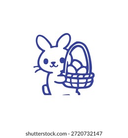 Un dibujo de línea azul de un conejo de Pascua sosteniendo una cesta de huevos