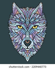 Blue line-art wolf head. Adult coloring page with decorative wolf mascot.
