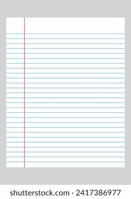 Blue Lined Paper. Notebook lined paper . white paper with blue line and red line.1234