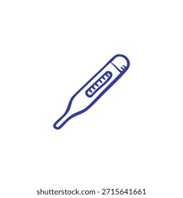 Ein blaues, linienförmiges Thermometer auf weißem Hintergrund, leicht nach rechts abgewinkelt