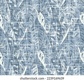 Blue linen texture and background seamless pattern with decorative leaves, premium Vector.