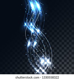 Blue lines abstract energetic magical electric magic waves on a translucent dark squared gray background of squares. Vector illustration.