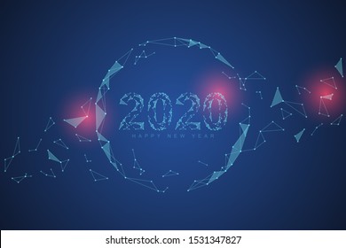 Líneas azules y puntos conectados para celebrar el feliz año nuevo 2020. Plantilla de fondo de tecnología de escena de ciencia ficción. Concepto de ilustración vectorial futurista.