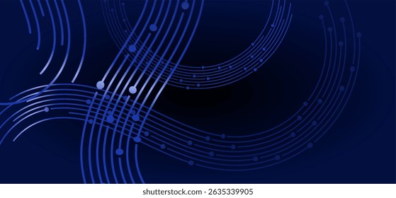 Líneas azules y puntos que forman Formas curvas sobre un fondo oscuro
