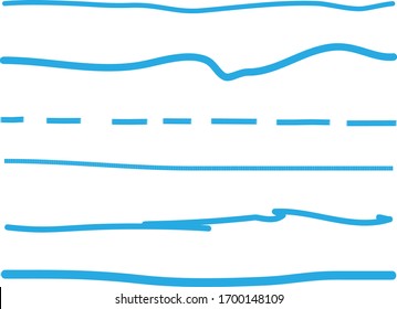 Blue lines hand drawn vector set isolated on white background. Collection of doodle lines, hand drawn template. Blue marker and grunge brush stroke lines, vector illustration