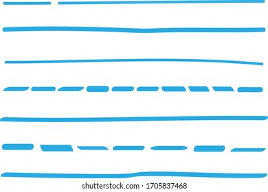 Blue lines hand drawn vector set isolated on white background. Collection of doodle lines, hand drawn template. Blue marker and grunge brush stroke lines, vector illustration