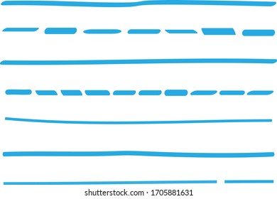 Blue lines hand drawn vector set isolated on white background. Collection of doodle lines, hand drawn template. Blue marker and grunge brush stroke lines, vector illustration
