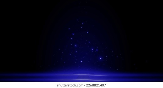 Líneas azules, vigas láser, vigas de luz brillantes con destellos, bokeh y polvo sobre un fondo negro. Ilustración del vector