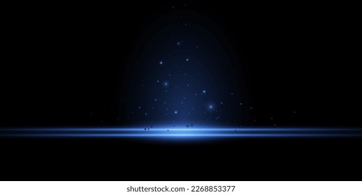 Blaue Linien, Laserstrahlen, helle Lichtstrahlen mit Funkeln, Bokeh und Staub auf schwarzem Hintergrund. Vektorgrafik