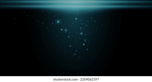 Blue lines, laser beams, bright light beams with sparkles, bokeh and dust on a black background. Vector illustration