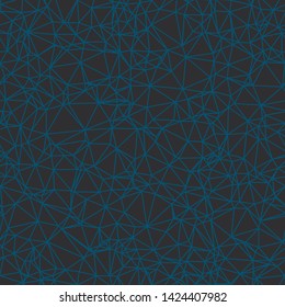 Blue lines on dark gray black background.  Triangle mesh web network.  Low poly.  Generative art (made with code).  Seamless repeat vector pattern.