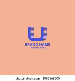 Blue Lines Shadow 3D Letter U Logo in Orange Background