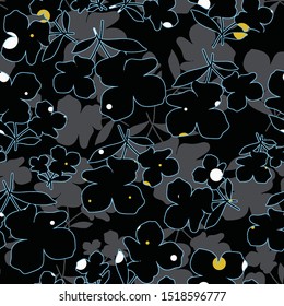 Blue lines  simple, stylish silhouette of polka dot patterns on black flowers, top up. retro style on dark gray background. Floral seamless design 
