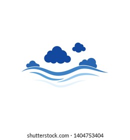 Blue lines water wave concept with clouds icon background in flat design vector illustration.