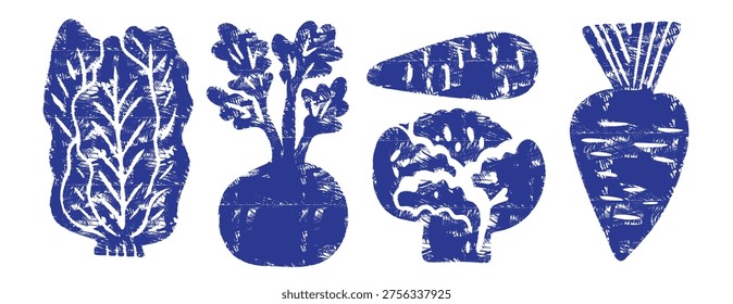 Blue linocut vegetable set isolated on white. Hand-drawn organic food icons: carrot, beet, broccoli and lettuce. Rustic ink print illustration for healthy harvest, vegan menu or garden market design