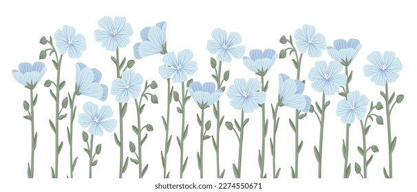 blue linum,flax, field flowers, vector drawing wild plants at white background, floral elements, hand drawn botanical illustration