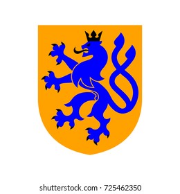 Blue lion with black details on orange shield. Heraldry. Coat of arms.