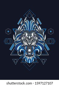 Blue lion king illustration with sacred geometry pattern