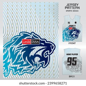 blue lion watermark pattern design, illustration, textile background for sports t-shirt, football jersey shirt mockup for football club. consistent front view