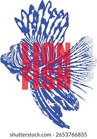 Blue lionfish vector with red LIONFISH text. Unique marine fish design for conservation, diving, and ocean-themed projects.