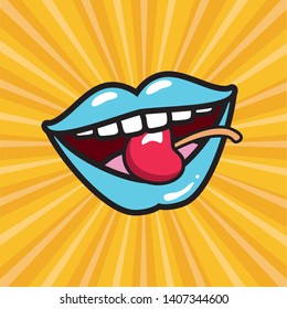 blue lips cherry burst background pop art elements vector illustration