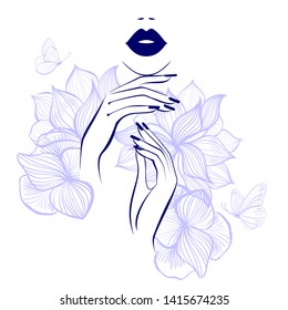 Blue lips, hand with blue manicure nails. Beauty Logo, nails art. Vector illustration, diadem flowers, butterflies, floral motive, abstract flowers, spa salon, sign, symbol, nails studio.