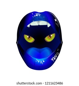 Blue lips of a vampire with a skull