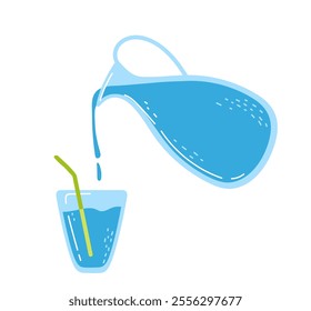 Blue liquid being poured from a pitcher into a glass with a straw