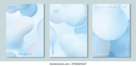 Blue liquid blobs set. Abstract colored spheres in flight or liquid glass. Organic liquid shapes flying. Cover template for banner, brochure ads Vector 3d illustration