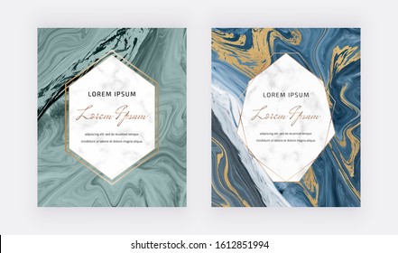 Blue liquid cards with gold glitter and marble frame texture. Ink painting abstract pattern. Modern background for menu, banner, card, flyer, invitation, product package, brochure, business
