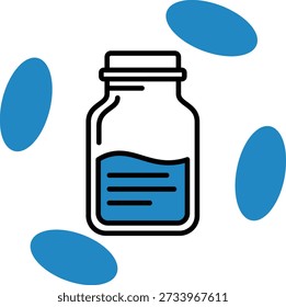 Blaue Flüssigkeit in einer klaren Flasche mit schwarzem Umriss, umgeben von blauen ovalen Formen