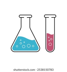 Un líquido azul en un matraz cónico y una solución rosada en un tubo de ensayo representan conceptos químicos y de laboratorio.