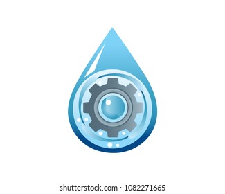 Blue Liquid Drop And Silver Gear Clog Logo In Isolated White Background
