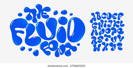 Blue Liquid Font Logo Alphabet Fluid Effect Letter Set Modern Typography, Creative Typographic Design for Playful Title Text, Water Fest Headline, Juice Logotype, Aqua Bubble Fonts. Vector Typeface