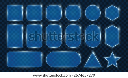 Blue Liquid Glass Frames Set – Transparent Showcase Shapes with Neon Light Edges, Realistic Glass Texture, Glowing Reflections, Sparkling Highlights and Light Effect Mockup Designs. Vector.