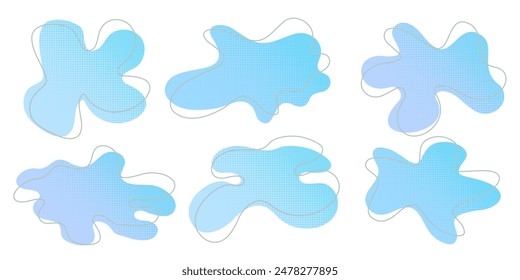 Blue liquid halftone drops water shapes set, splashes collection. Paint spot, blot, rain puddle, oil blobs. Irregular abstract graphic design elements Transparent background. Vector illustration.